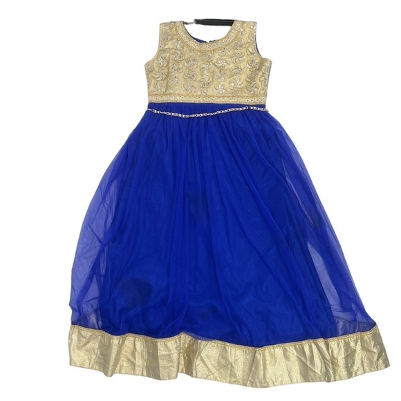 Tulle Sequined Lined Sleeveless Blue Gold Dress Size 36 Women’s - Picture 1 of 6